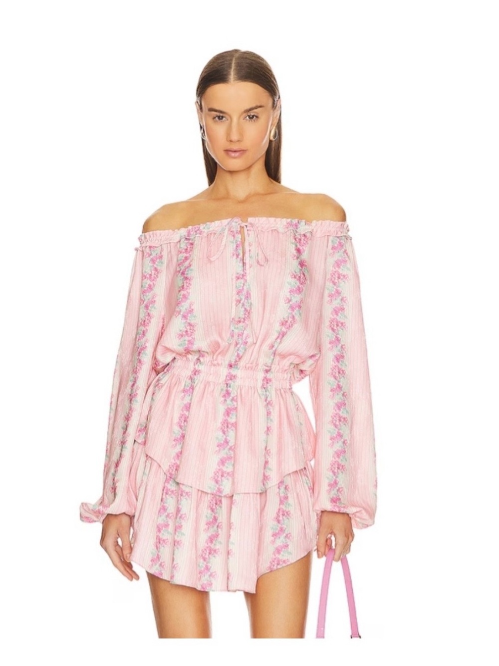 LoveShackFancy Pink Floral Off-Shoulder Mini Dress